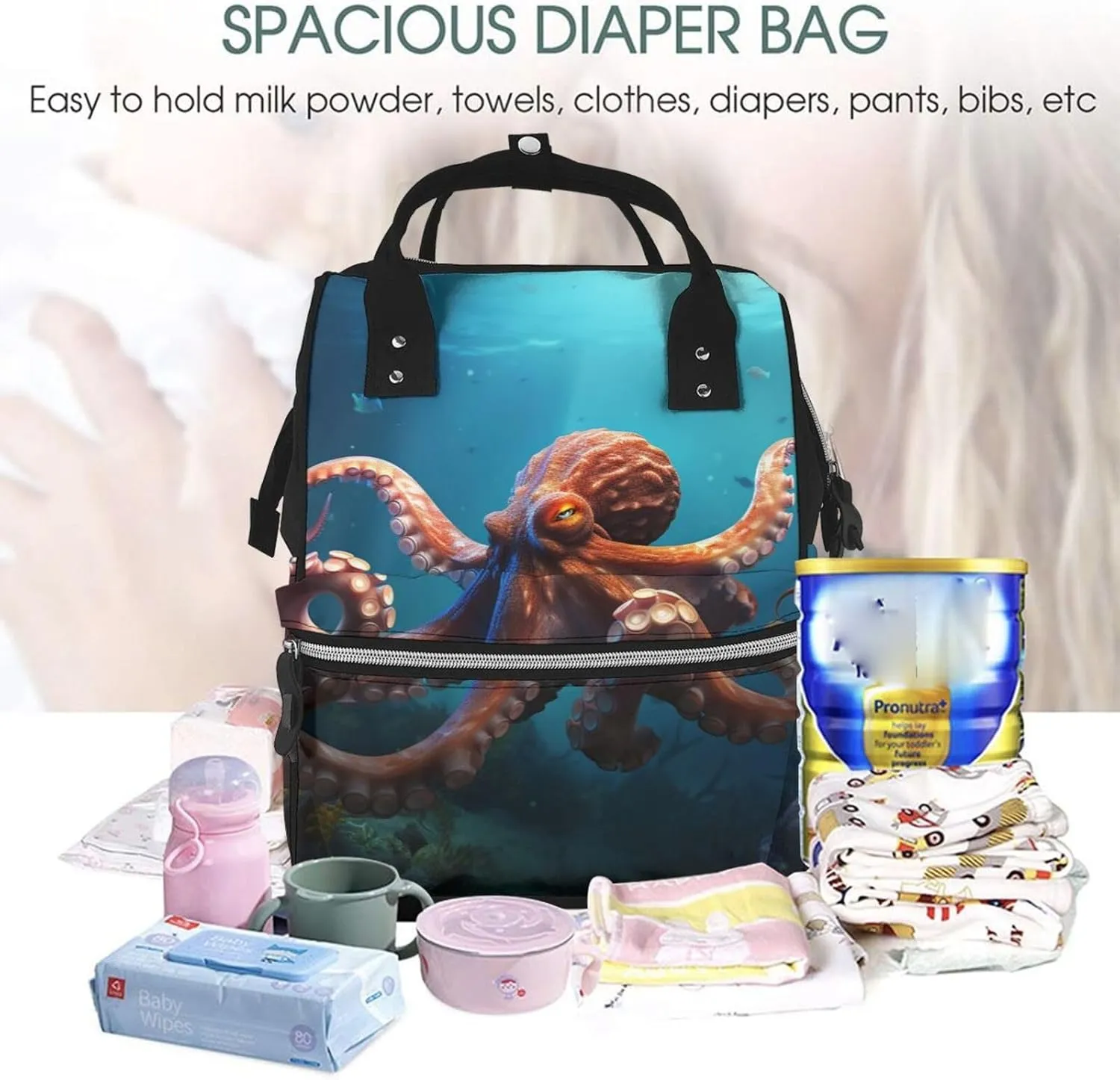 Diaper Bag Nappy Backpack Baby Bag Opossum In Snow Mummy Backpack Multifunction Changing Bags for Travel, Ocean Animal Octopus, One Size