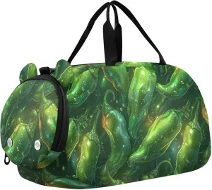 Digitally Engraved Pepper Neon Green Girl's Gym Duffel Bag with Shoes Compartment Large Capacity Weekender Overnight Range Bag for Beach Swim Bags Pool Sports