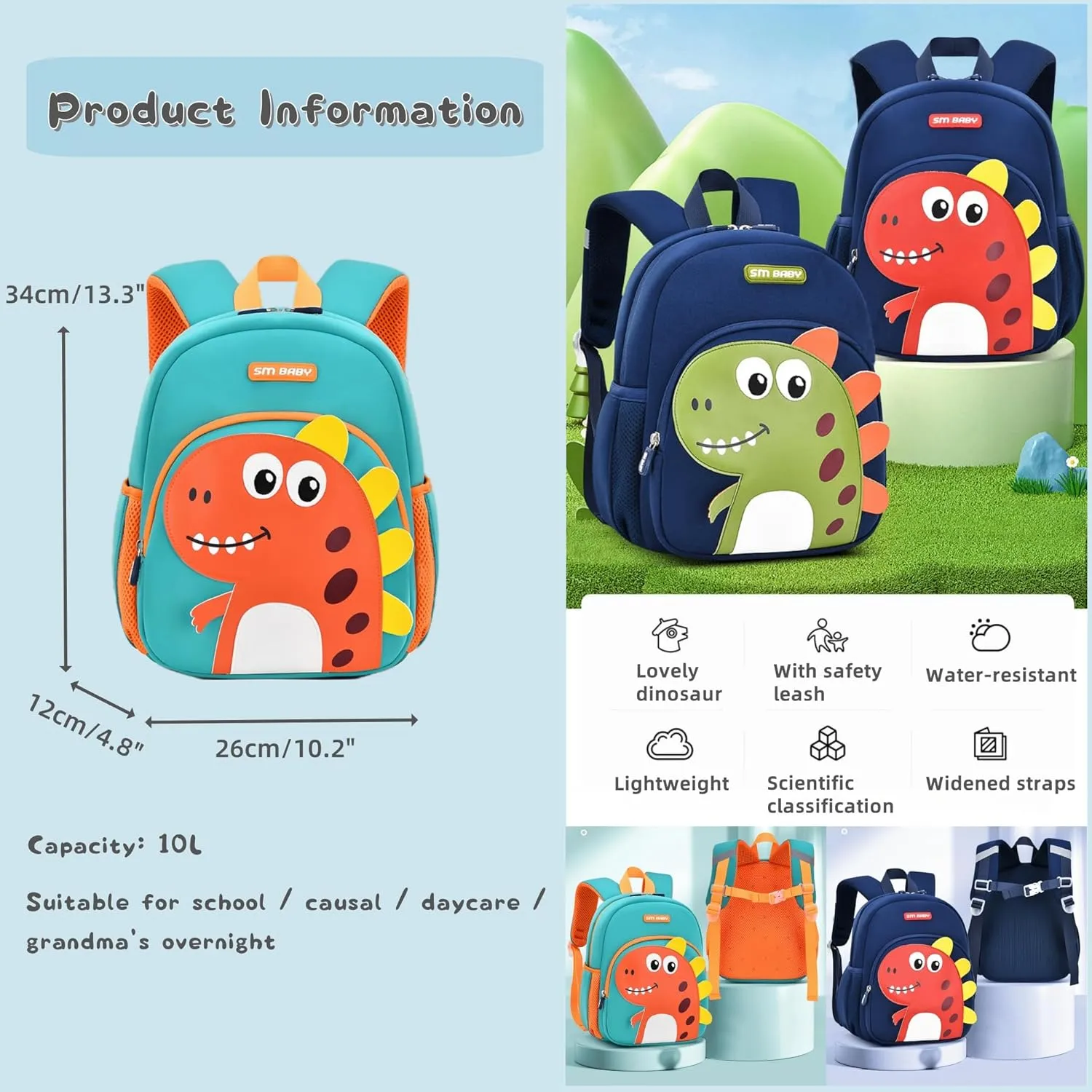 Dinosaur Backpack for Toddler Boys, Anti-lost Bookbag for Preschool Boys Kids Backpack, Fit A4 Folder, 01-Dark-blue Green