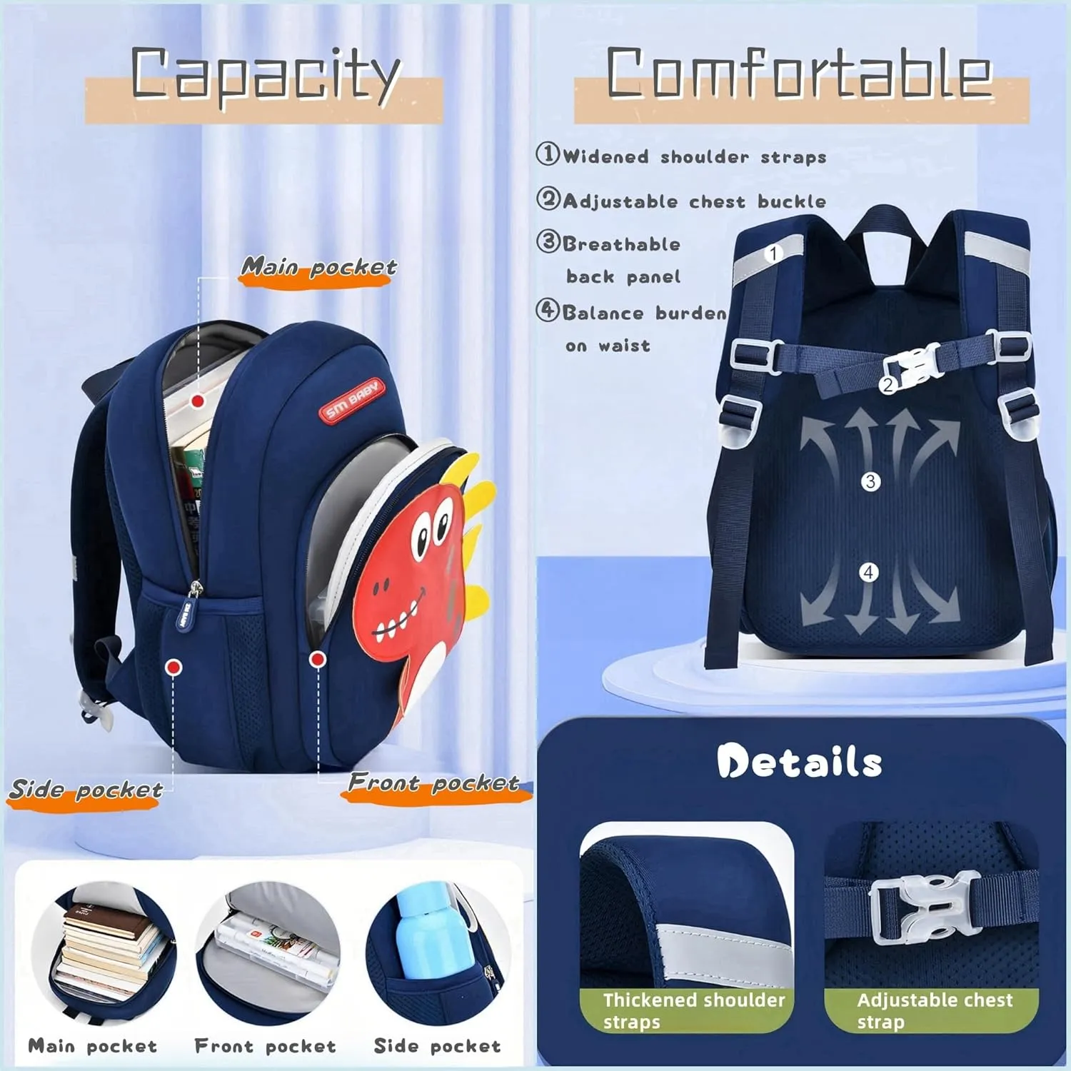 Dinosaur Backpack for Toddler Boys, Anti-lost Bookbag for Preschool Boys Kids Backpack, Fit A4 Folder, 01-Dark-blue Green