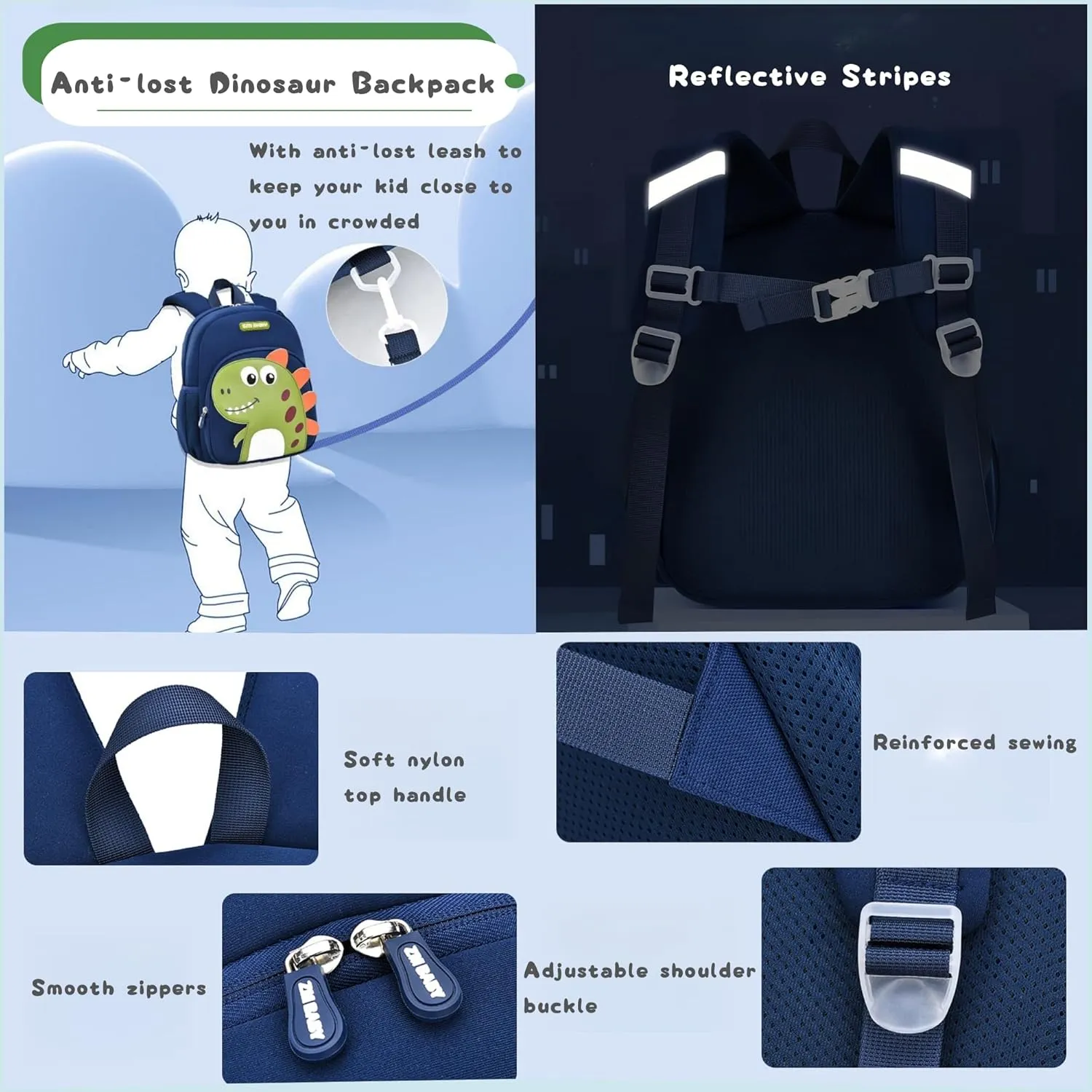 Dinosaur Backpack for Toddler Boys, Anti-lost Bookbag for Preschool Boys Kids Backpack, Fit A4 Folder, 01-Dark-blue Green