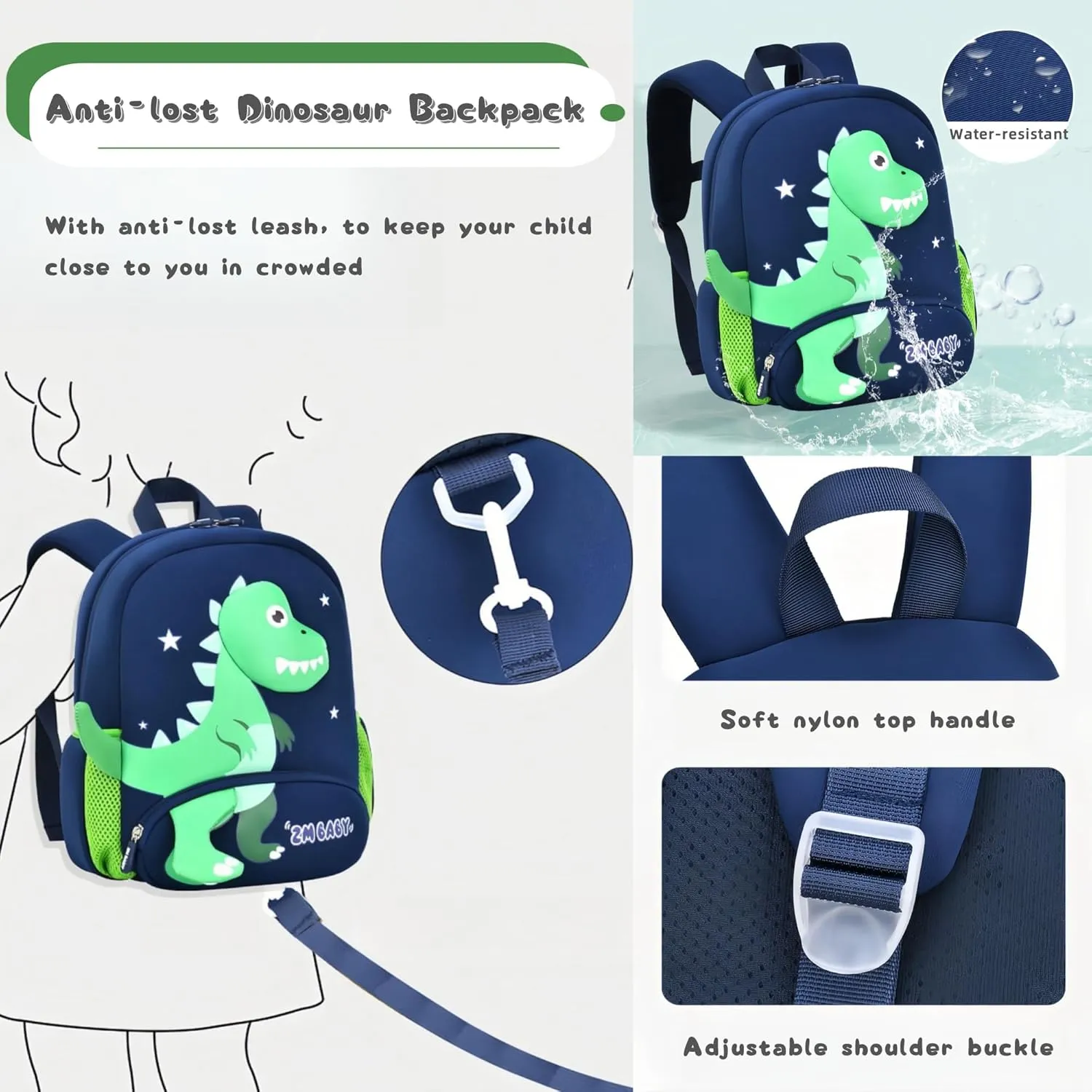 Dinosaur Boys Backpack for Toddler Kids, Anti-lost Bookbag for Toddler Boys Preschool Backpack, Fit A4 Folder, 02-Sky-blue Green
