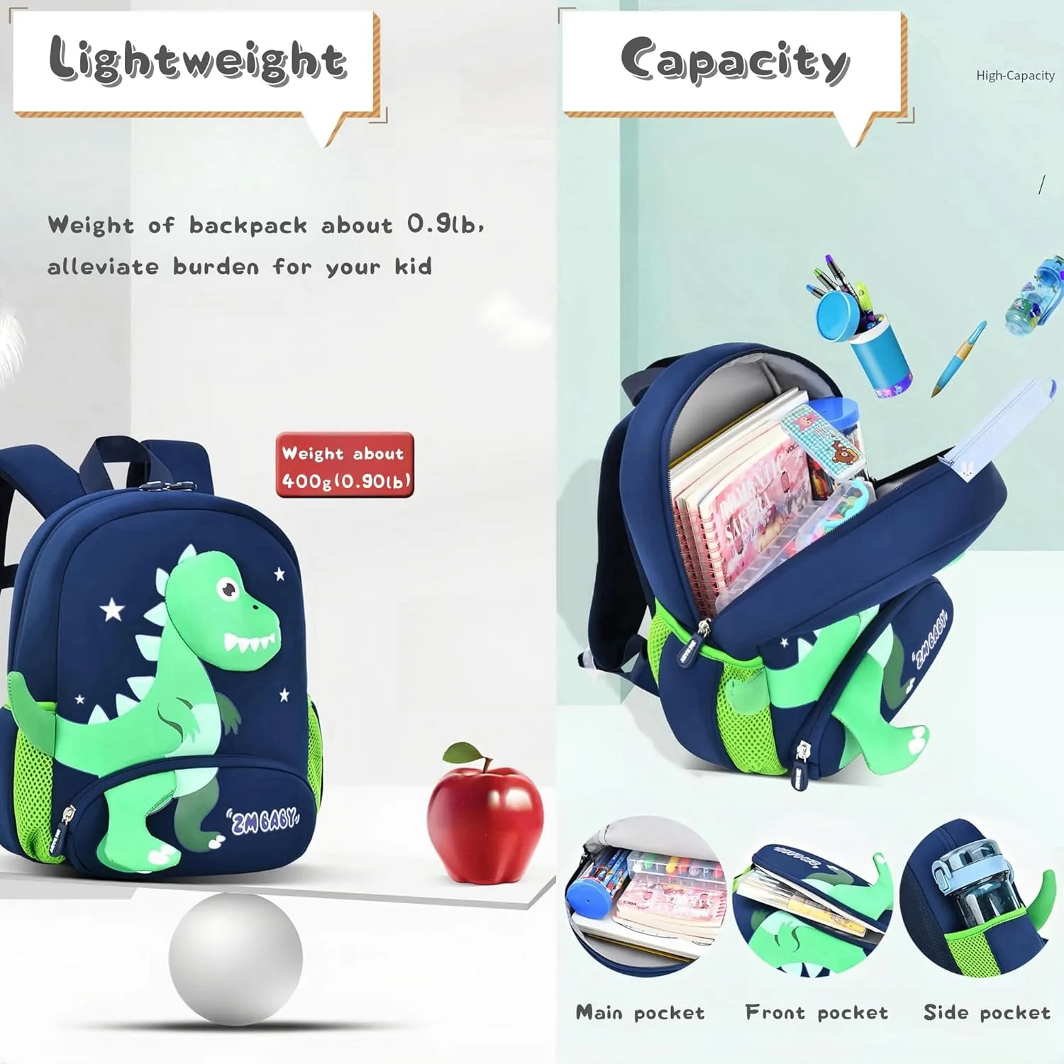 Dinosaur Boys Backpack for Toddler Kids, Anti-lost Bookbag for Toddler Boys Preschool Backpack, Fit A4 Folder, 02-Sky-blue Green