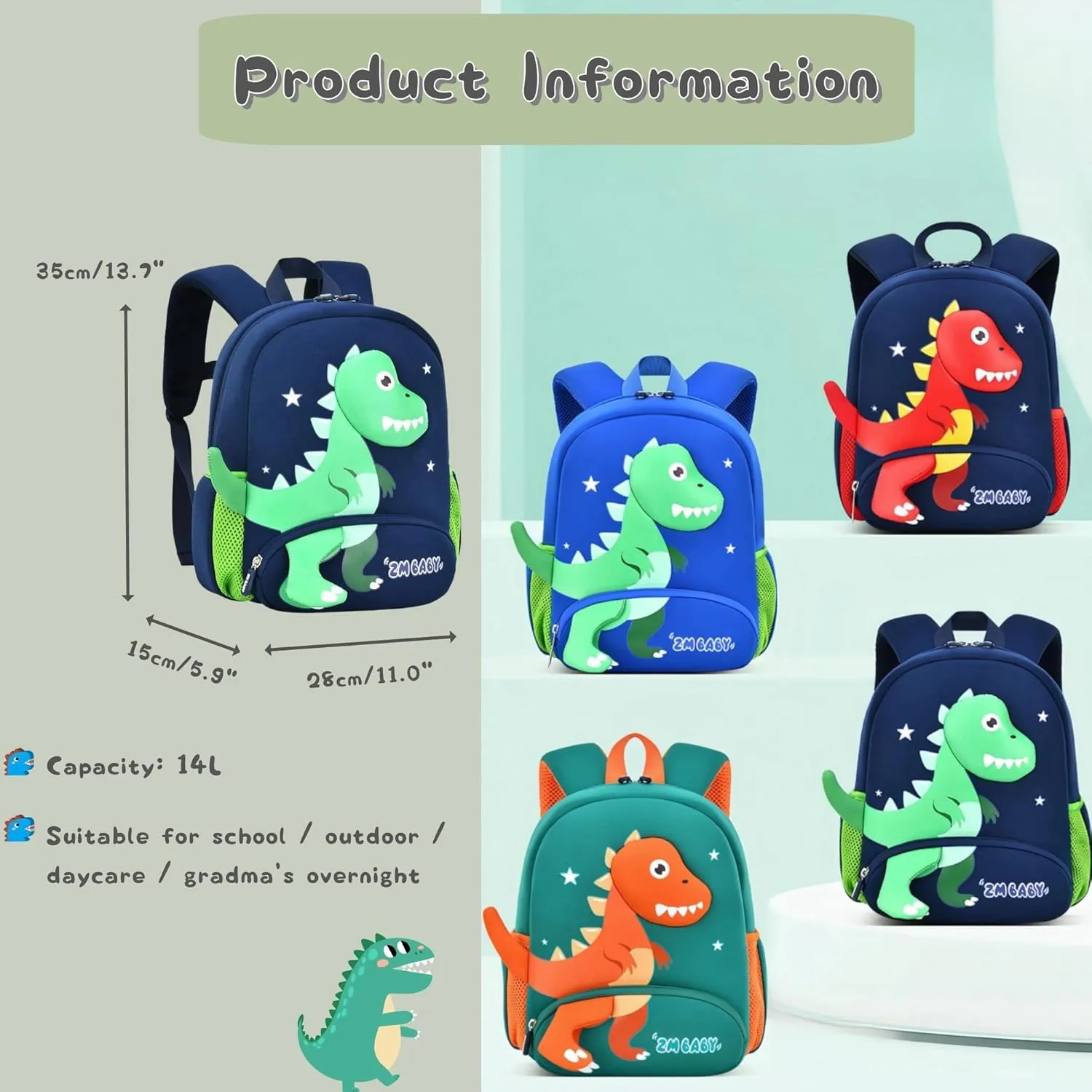 Dinosaur Boys Backpack for Toddler Kids, Anti-lost Bookbag for Toddler Boys Preschool Backpack, Fit A4 Folder, 02-Sky-blue Green