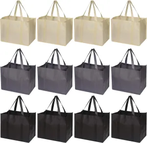 DIOMMELL Set of 12 Reusable Grocery Bags Large Foldable Heavy Duty Shopping Tote Produce Bag with Reinforced Handles for Groceries Clothes Vegetables Fruit, Black Grey Beige
