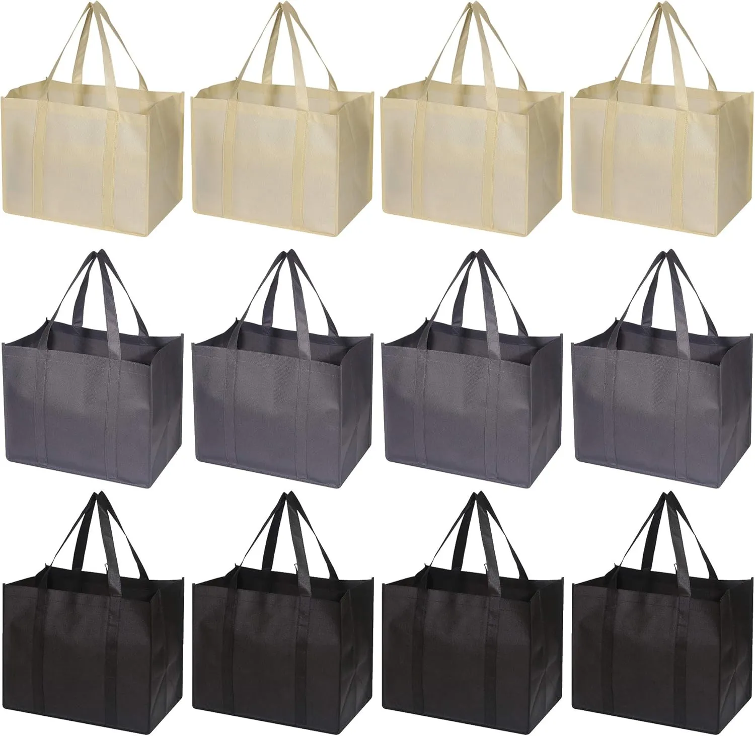 DIOMMELL Set of 12 Reusable Grocery Bags Large Foldable Heavy Duty Shopping Tote Produce Bag with Reinforced Handles for Groceries Clothes Vegetables Fruit, Black Grey Beige