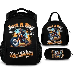 Dirt Bike Backpack with Pencil Case Bundle - Set of 3 School Backpacks Matching Combo Gifts for Kids Teens Boys - Back to School Supplies for Travel Camping Hiking