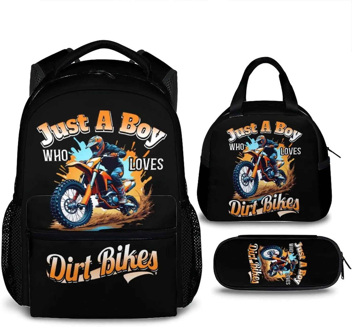 Dirt Bike Backpack with Pencil Case Bundle - Set of 3 School Backpacks Matching Combo Gifts for Kids Teens Boys - Back to School Supplies for Travel Camping Hiking