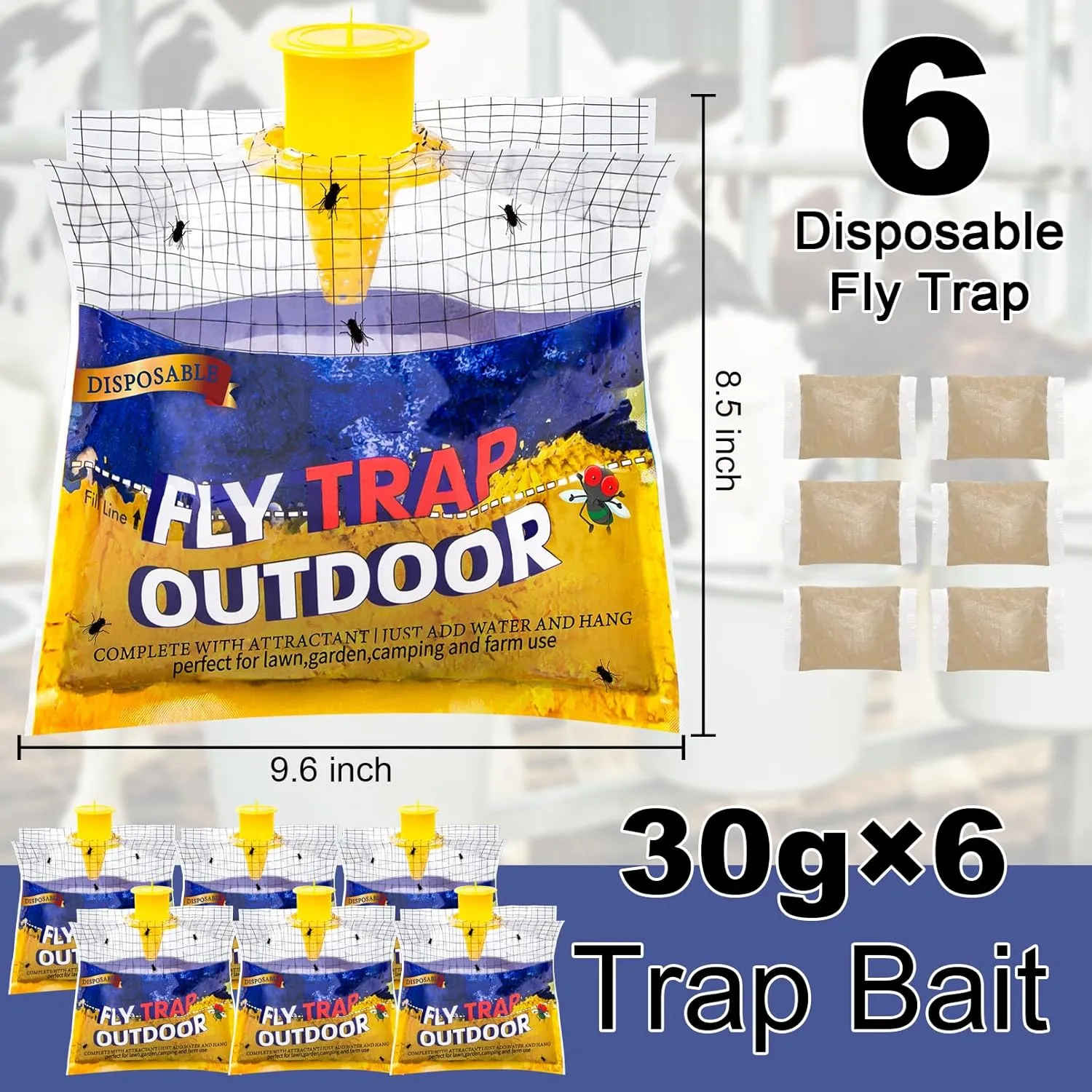 Disposable Fly Traps 6 Pack Bags Outdoor, Flies Catcher Traps with Natural Pre-Bait Refill Repellent, Reusable Stable Horse Ranch Trapper Outdoor Hanging Killer Helps Control