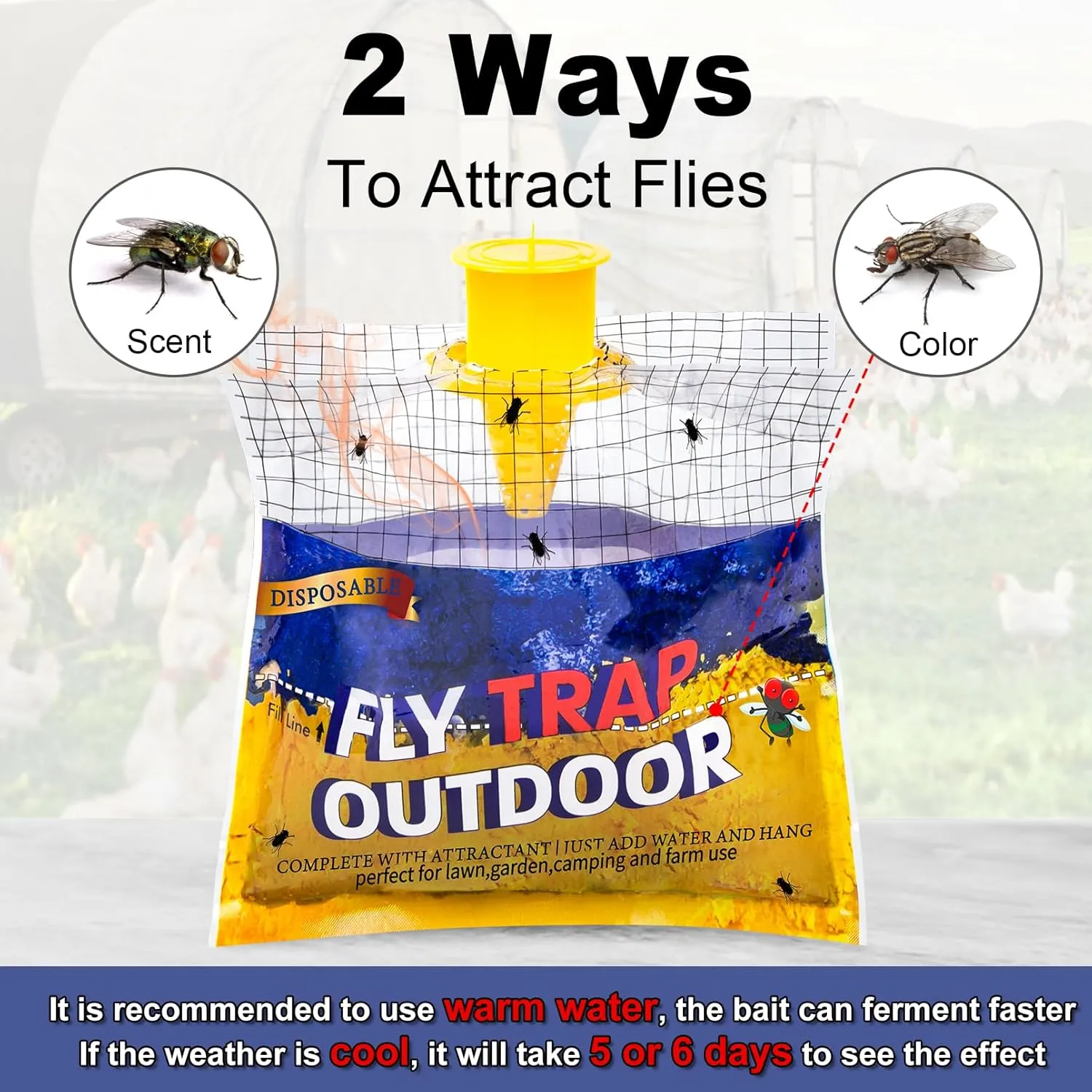 Disposable Fly Traps 6 Pack Bags Outdoor, Flies Catcher Traps with Natural Pre-Bait Refill Repellent, Reusable Stable Horse Ranch Trapper Outdoor Hanging Killer Helps Control