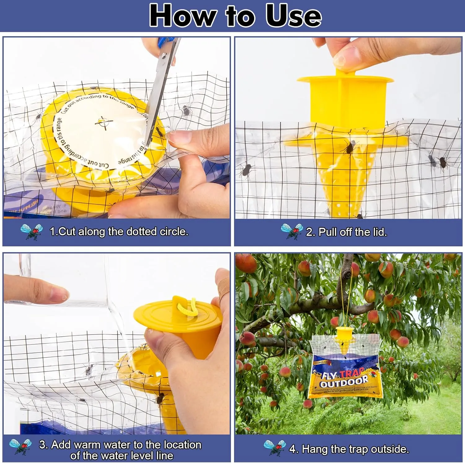Disposable Fly Traps 6 Pack Bags Outdoor, Flies Catcher Traps with Natural Pre-Bait Refill Repellent, Reusable Stable Horse Ranch Trapper Outdoor Hanging Killer Helps Control