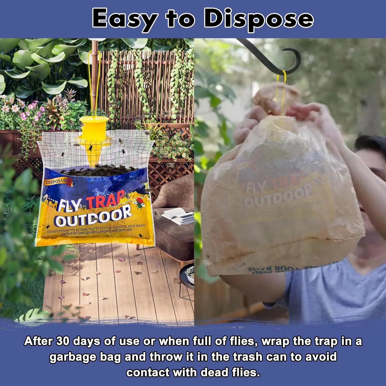 Disposable Fly Traps 6 Pack Bags Outdoor, Flies Catcher Traps with Natural Pre-Bait Refill Repellent, Reusable Stable Horse Ranch Trapper Outdoor Hanging Killer Helps Control