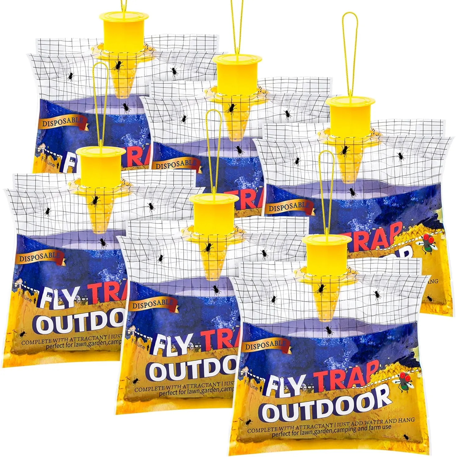 Disposable Fly Traps 6 Pack Bags Outdoor, Flies Catcher Traps with Natural Pre-Bait Refill Repellent, Reusable Stable Horse Ranch Trapper Outdoor Hanging Killer Helps Control