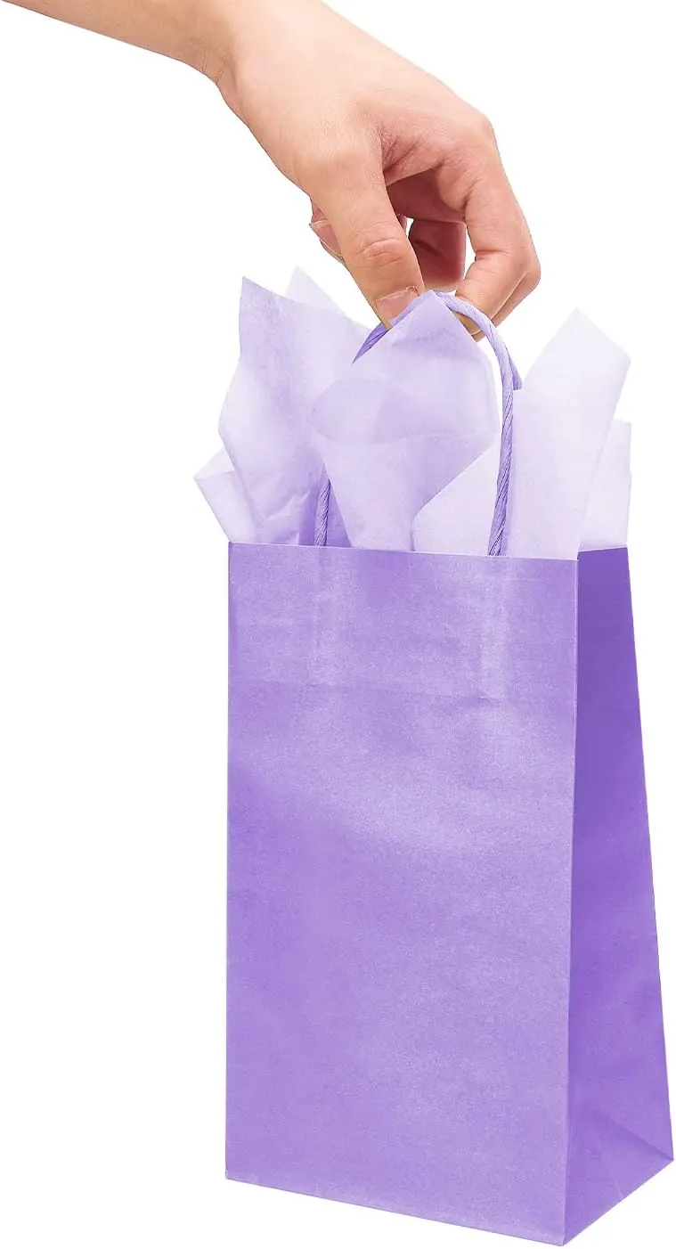 DjinnGlory 24 Pack Small Purple Lavender Paper Gift Bags with Handles 9x5.5x3.15 Inch and 24 Tissue Paper for Business Birthday Wedding Bridal Baby Shower Party Favors Goodies