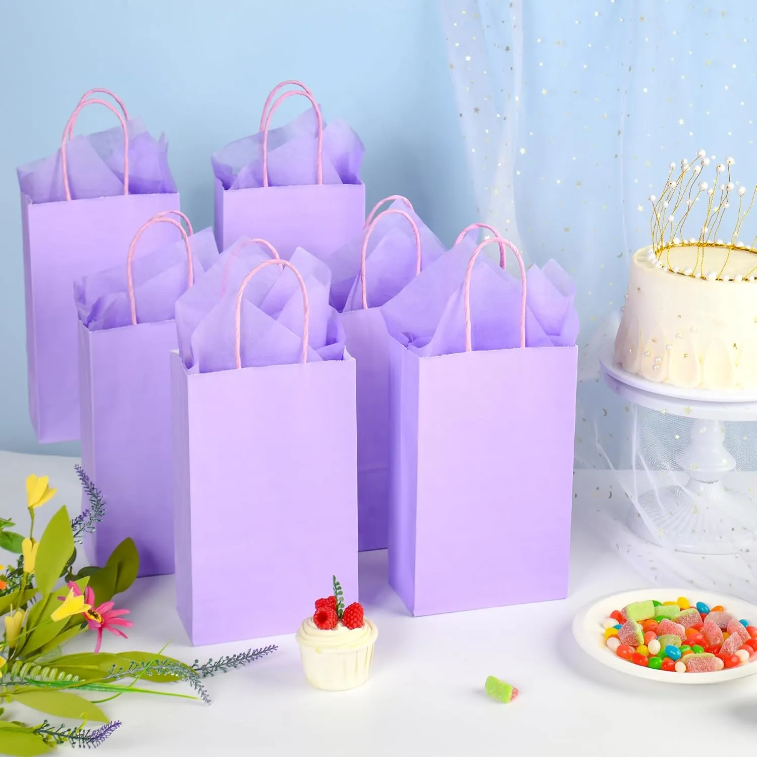 DjinnGlory 24 Pack Small Purple Lavender Paper Gift Bags with Handles 9x5.5x3.15 Inch and 24 Tissue Paper for Business Birthday Wedding Bridal Baby Shower Party Favors Goodies
