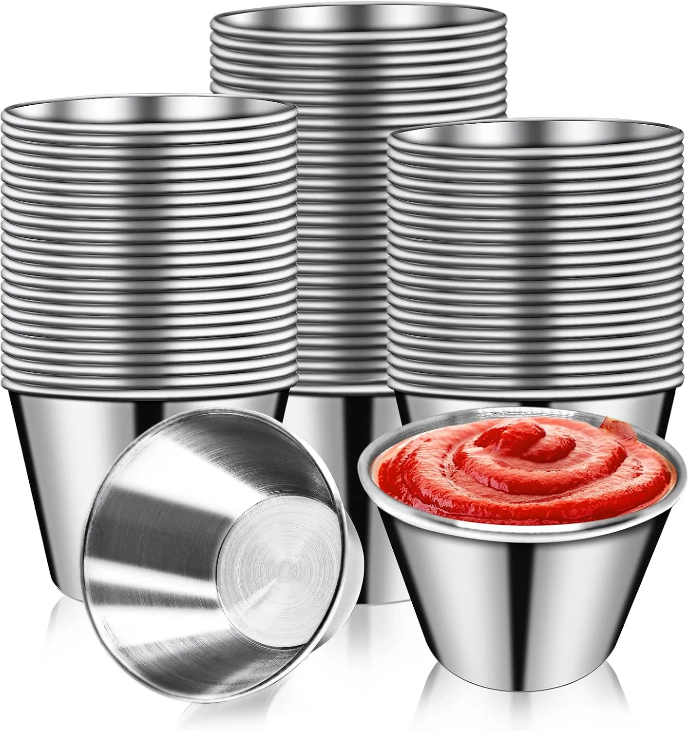 DJZZ 50 Pcs Stainless Steel Ramekins, 2.5oz Metal Dipping Cups - Reusable Round Butter Dressing Sauce Cups, Restaurant Small Bowls