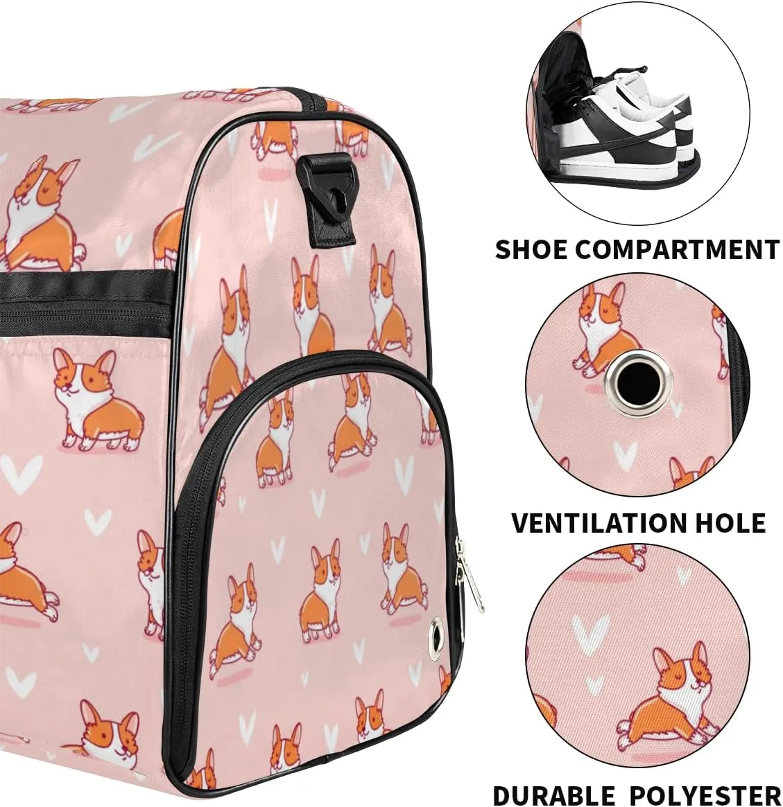 Dog Love Hearts Sports Gym Bag for Women Men Travel Duffel Bag with Wet Pocket & Shoes Compartment Waterproof Weekender Overnight Tote Carry on Bag Lightweight