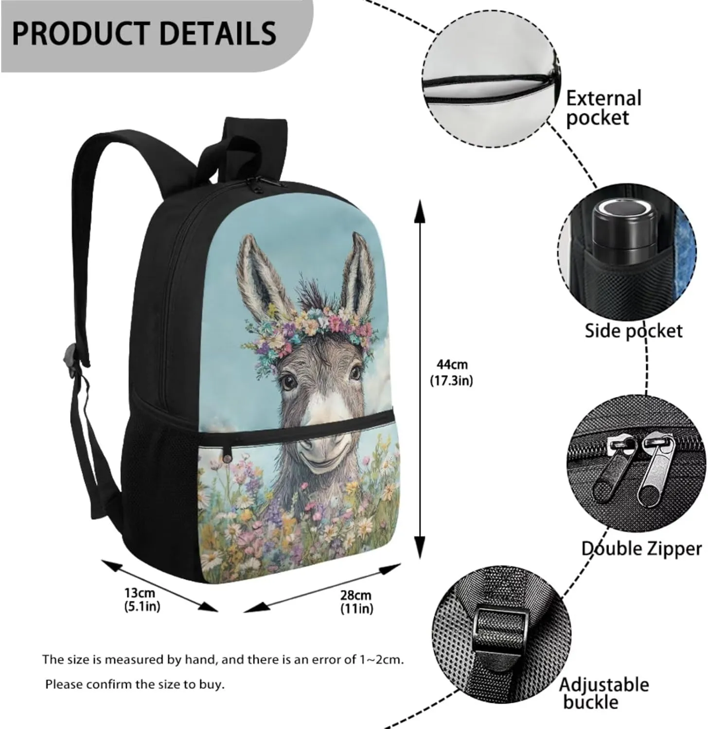 Donkey Backpack and Lunch Box Set for Girls Primary/Kindergarten/Elementary School Bag Flower Bookbag Lunch Bag Pencil Pen Case Student School Bag Satchel Daycare Bag
