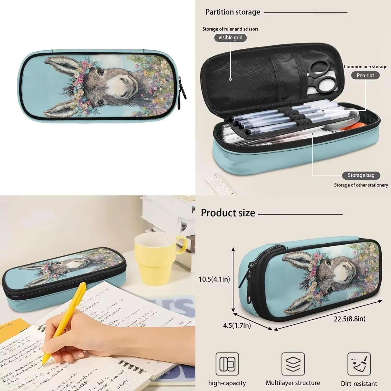 Donkey Backpack and Lunch Box Set for Girls Primary/Kindergarten/Elementary School Bag Flower Bookbag Lunch Bag Pencil Pen Case Student School Bag Satchel Daycare Bag