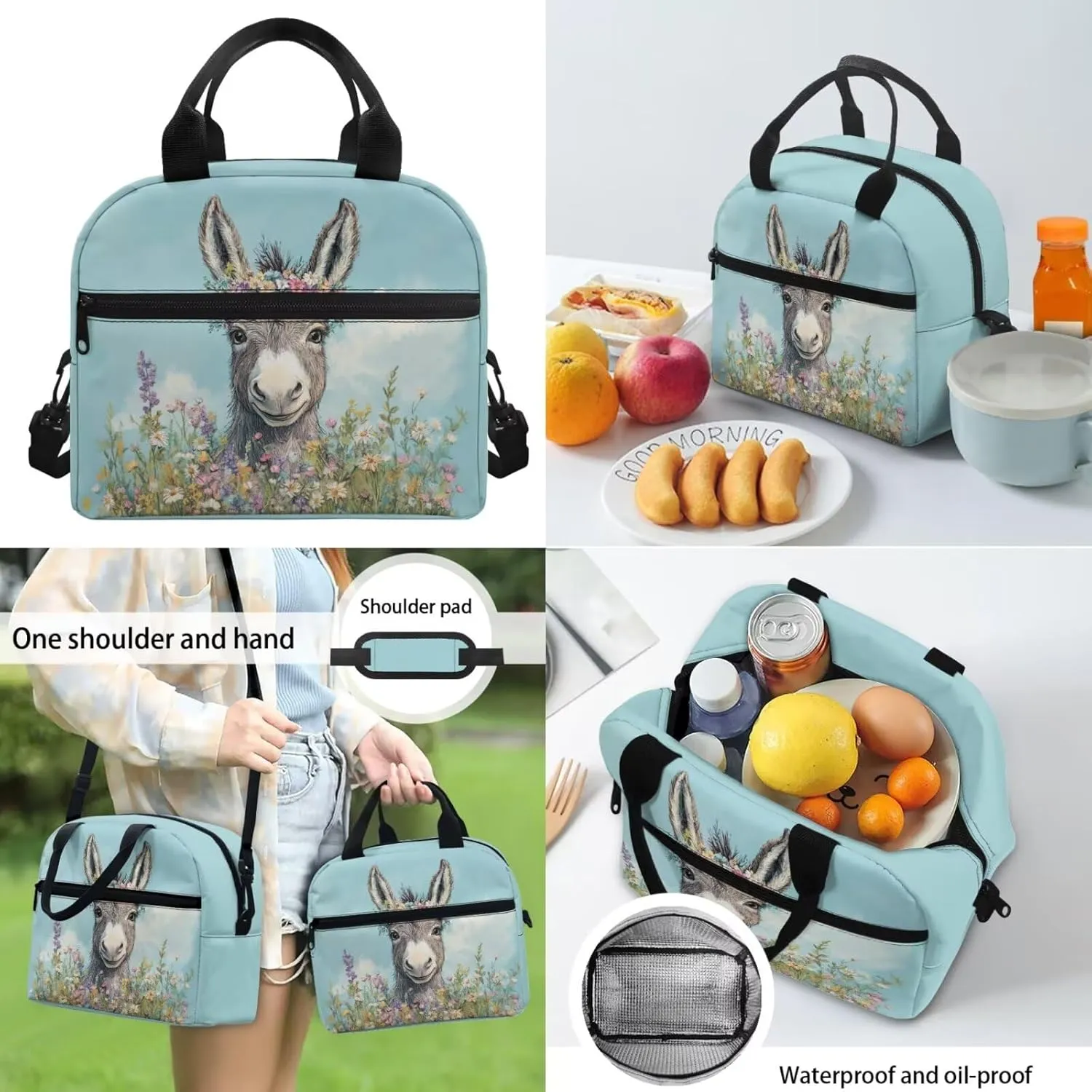 Donkey Backpack and Lunch Box Set for Girls Primary/Kindergarten/Elementary School Bag Flower Bookbag Lunch Bag Pencil Pen Case Student School Bag Satchel Daycare Bag