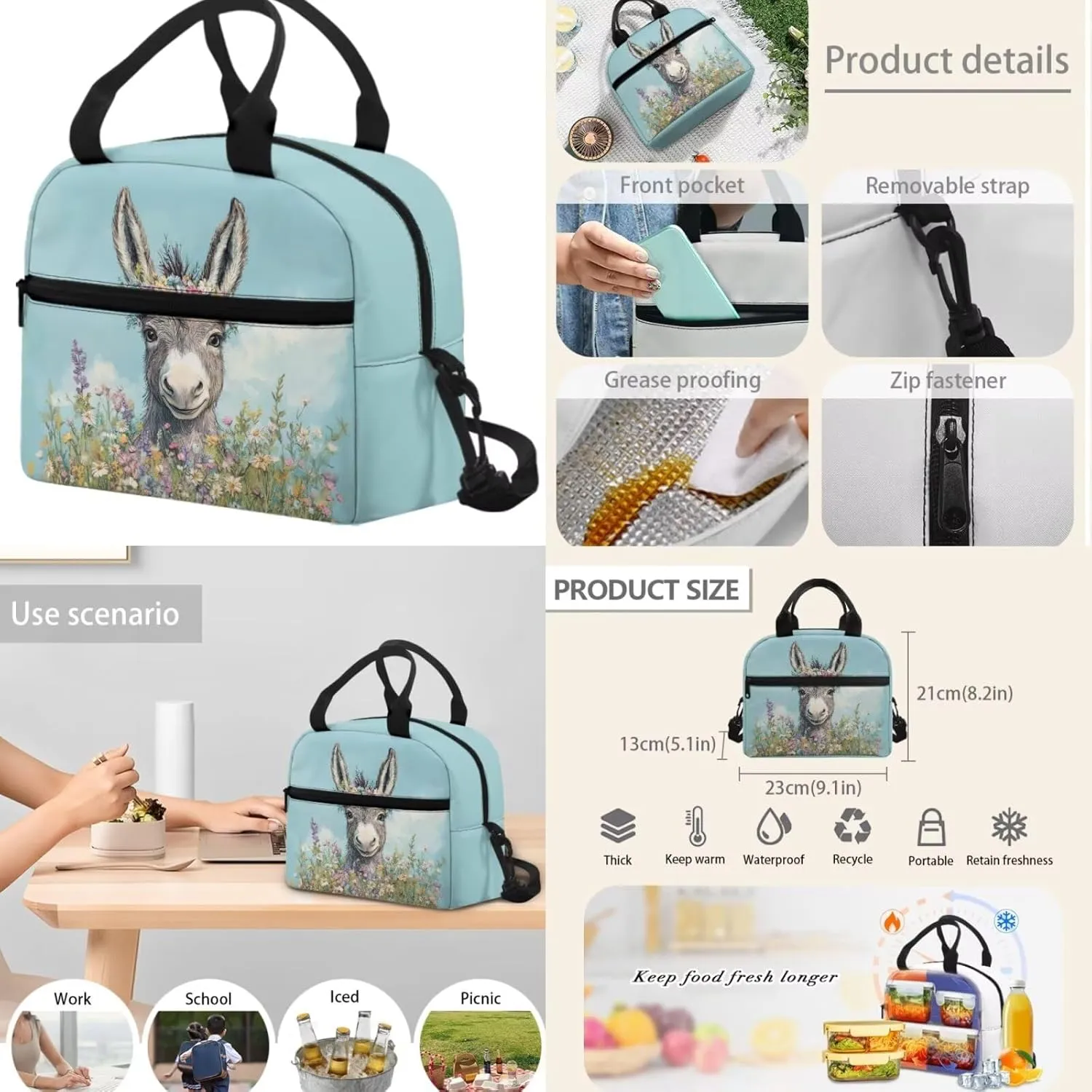 Donkey Backpack and Lunch Box Set for Girls Primary/Kindergarten/Elementary School Bag Flower Bookbag Lunch Bag Pencil Pen Case Student School Bag Satchel Daycare Bag