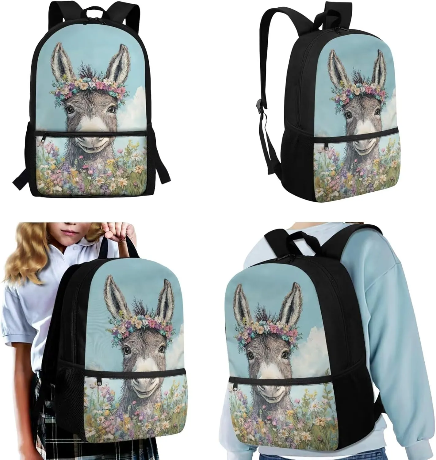 Donkey Backpack and Lunch Box Set for Girls Primary/Kindergarten/Elementary School Bag Flower Bookbag Lunch Bag Pencil Pen Case Student School Bag Satchel Daycare Bag