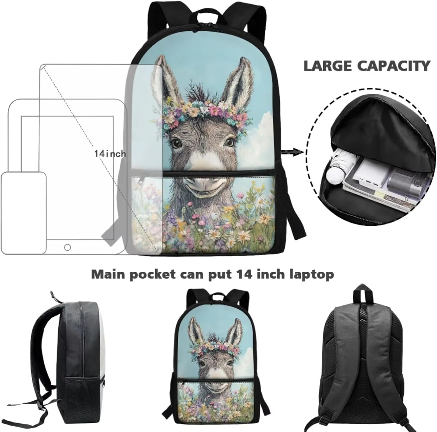 Donkey Backpack and Lunch Box Set for Girls Primary/Kindergarten/Elementary School Bag Flower Bookbag Lunch Bag Pencil Pen Case Student School Bag Satchel Daycare Bag