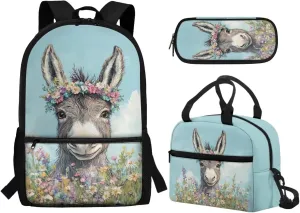 Donkey Backpack and Lunch Box Set for Girls Primary/Kindergarten/Elementary School Bag Flower Bookbag Lunch Bag Pencil Pen Case Student School Bag Satchel Daycare Bag