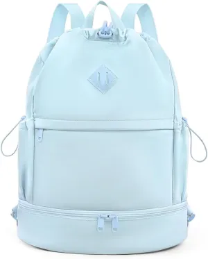 Drawstring Backpack Sports Gym Bag with Shoe Compartment and Wet Pocket String Swim Bag for Women Men Beach Backpack, Blue