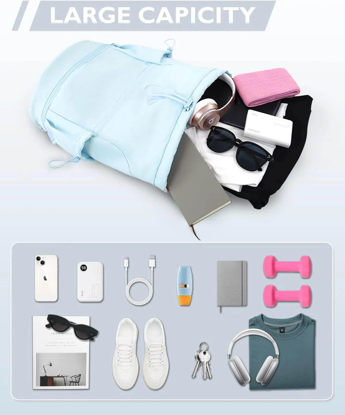 Drawstring Backpack Sports Gym Bag with Shoe Compartment and Wet Pocket String Swim Bag for Women Men Beach Backpack, Blue