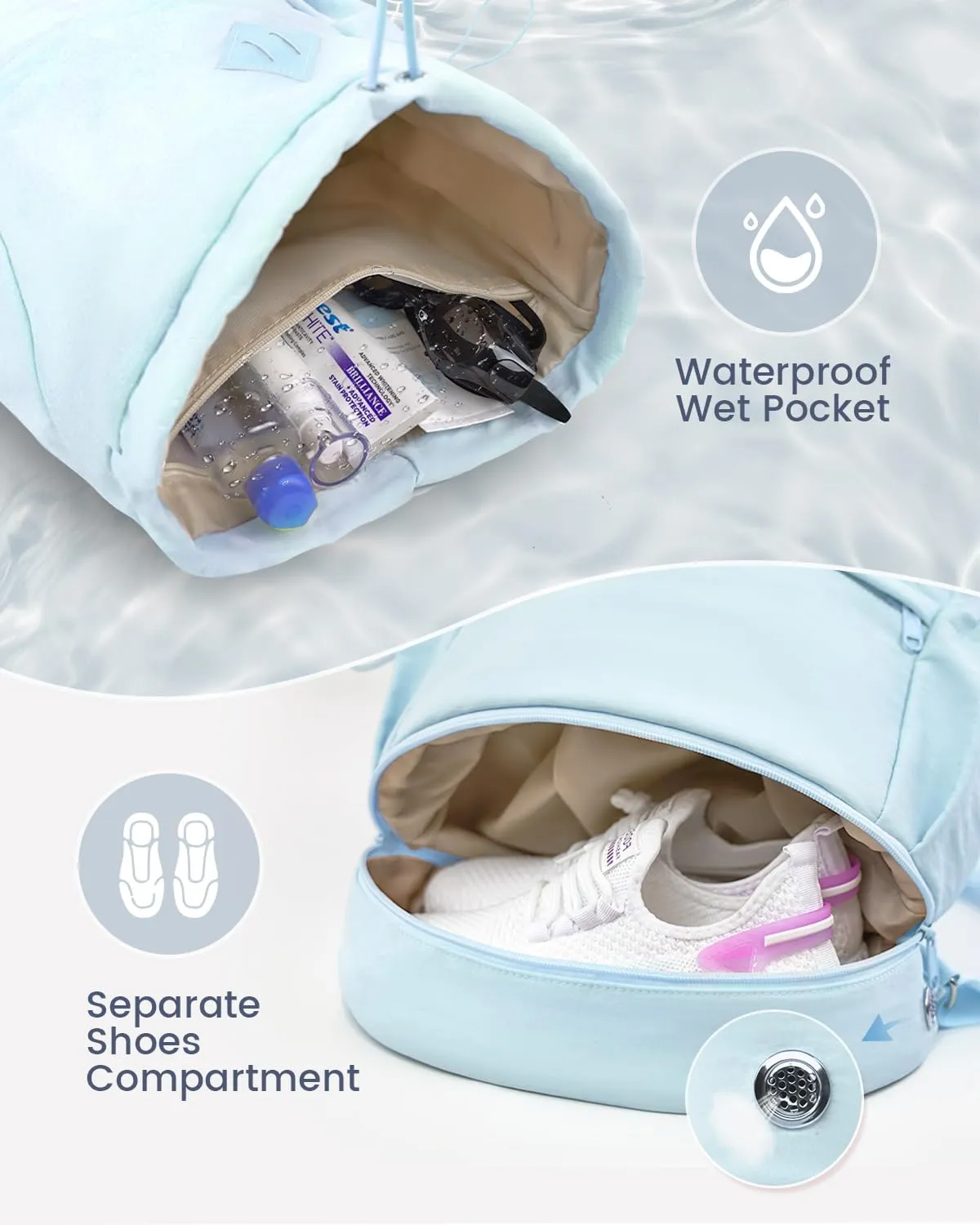 Drawstring Backpack Sports Gym Bag with Shoe Compartment and Wet Pocket String Swim Bag for Women Men Beach Backpack, Blue