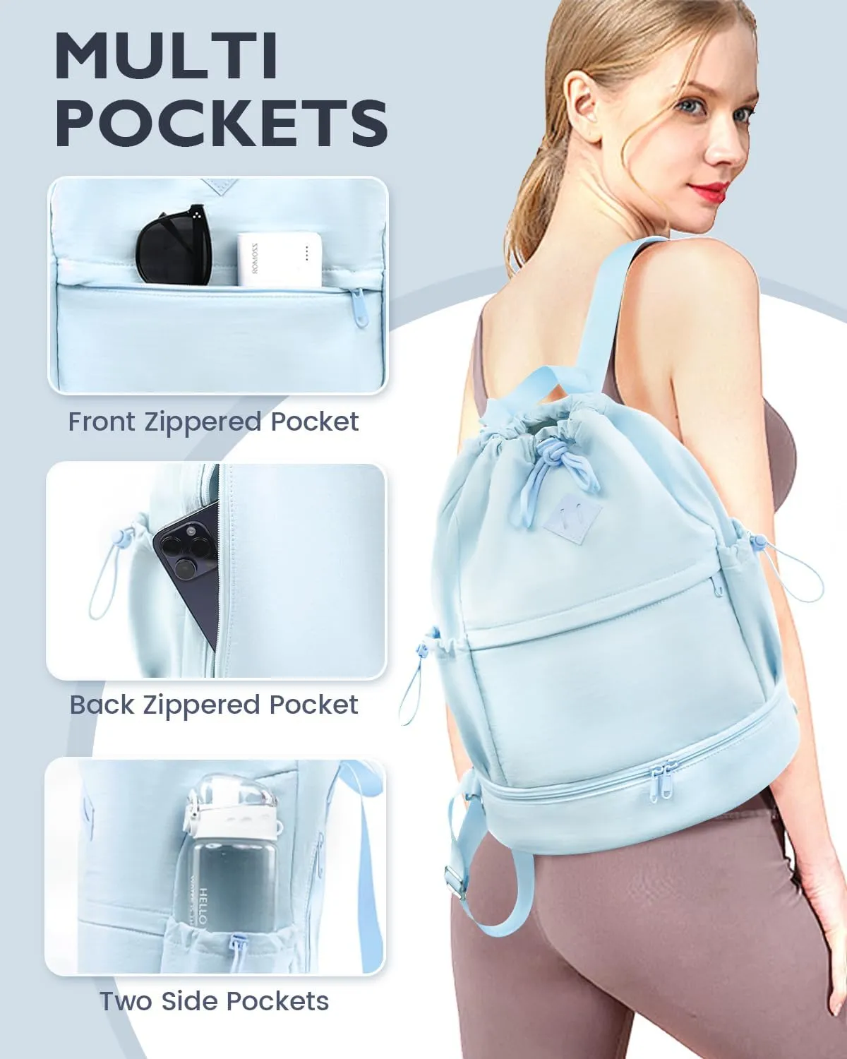 Drawstring Backpack Sports Gym Bag with Shoe Compartment and Wet Pocket String Swim Bag for Women Men Beach Backpack, Blue