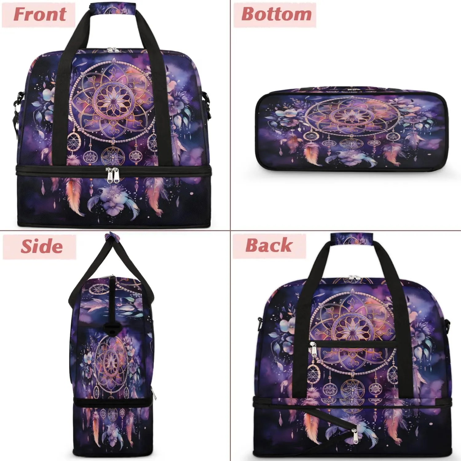 Dream Catcher Boho Patterns Travel Duffle Bag, Collapsible Travel Bag Sports Gym Bag With Shoes Compartment Weekender Bag Overnight Bag For Women Men