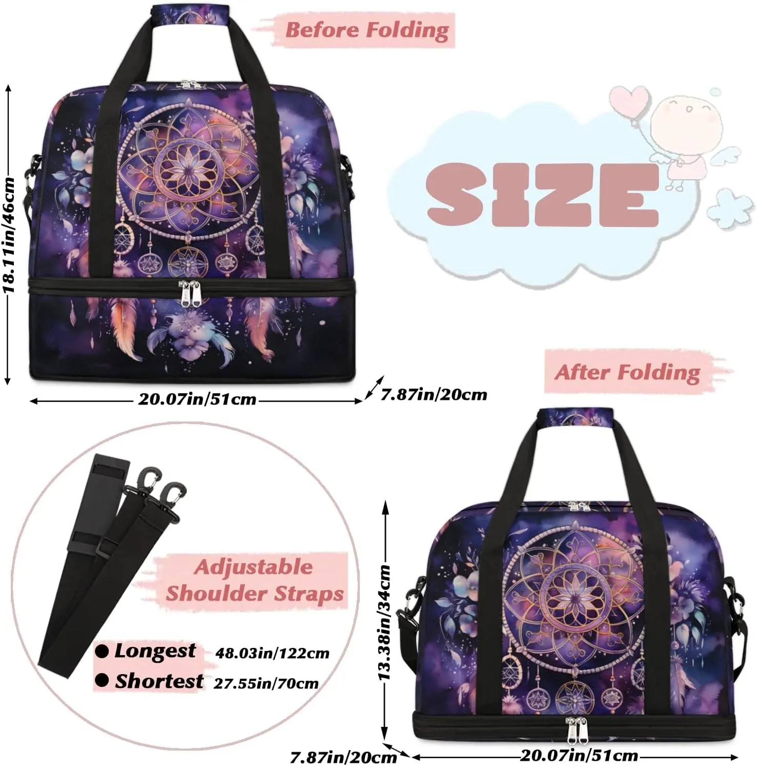 Dream Catcher Boho Patterns Travel Duffle Bag, Collapsible Travel Bag Sports Gym Bag With Shoes Compartment Weekender Bag Overnight Bag For Women Men