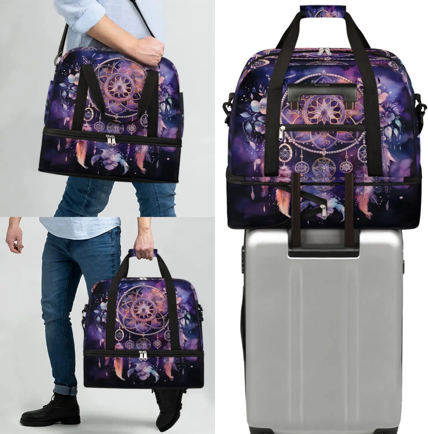 Dream Catcher Boho Patterns Travel Duffle Bag, Collapsible Travel Bag Sports Gym Bag With Shoes Compartment Weekender Bag Overnight Bag For Women Men
