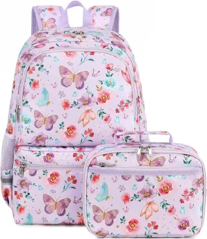 DSIUE Kids Backpack for Girls Elementary BookBags Teens Middle School Backpack with Lunch Box Butterfly Purple