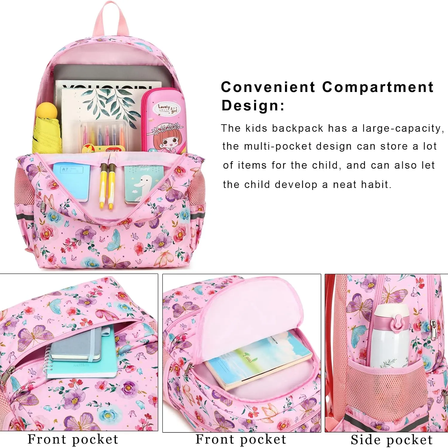 DSIUE Kids Backpack for Girls Elementary BookBags Teens Middle School Backpack with Lunch Box Butterfly Purple