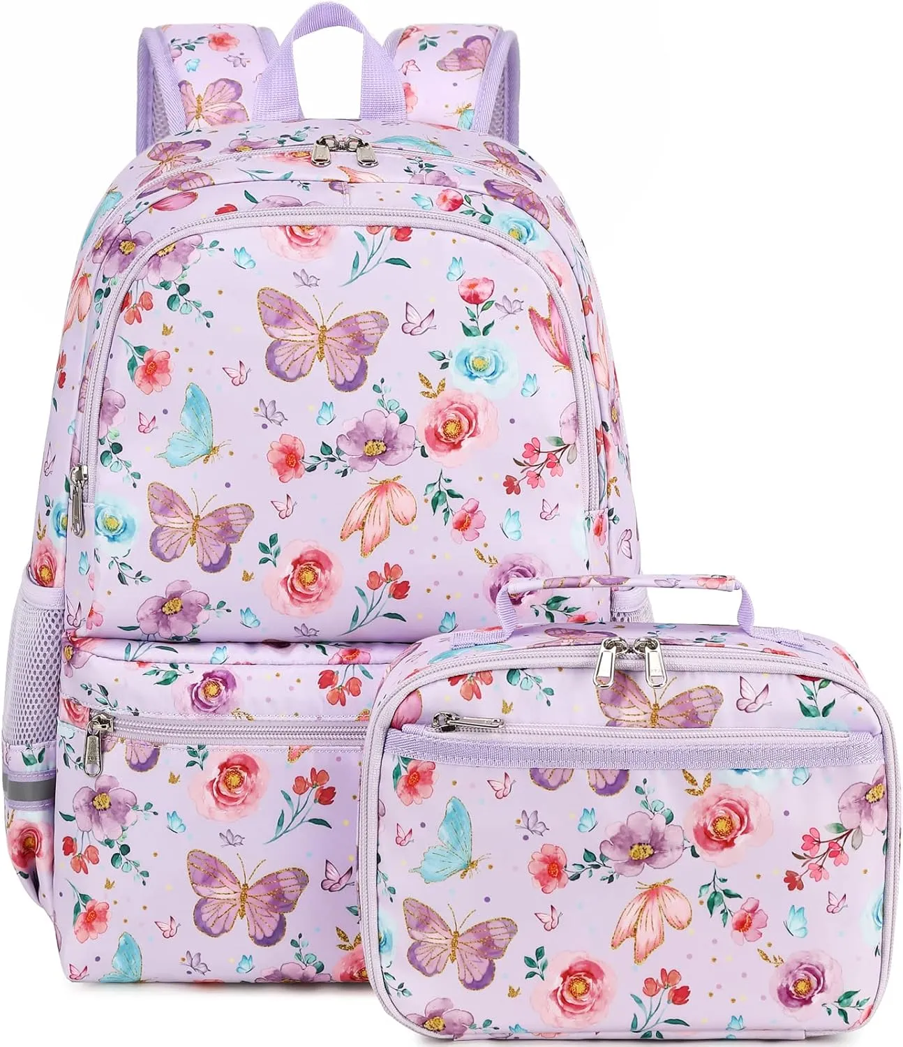 DSIUE Kids Backpack for Girls Elementary BookBags Teens Middle School Backpack with Lunch Box Butterfly Purple