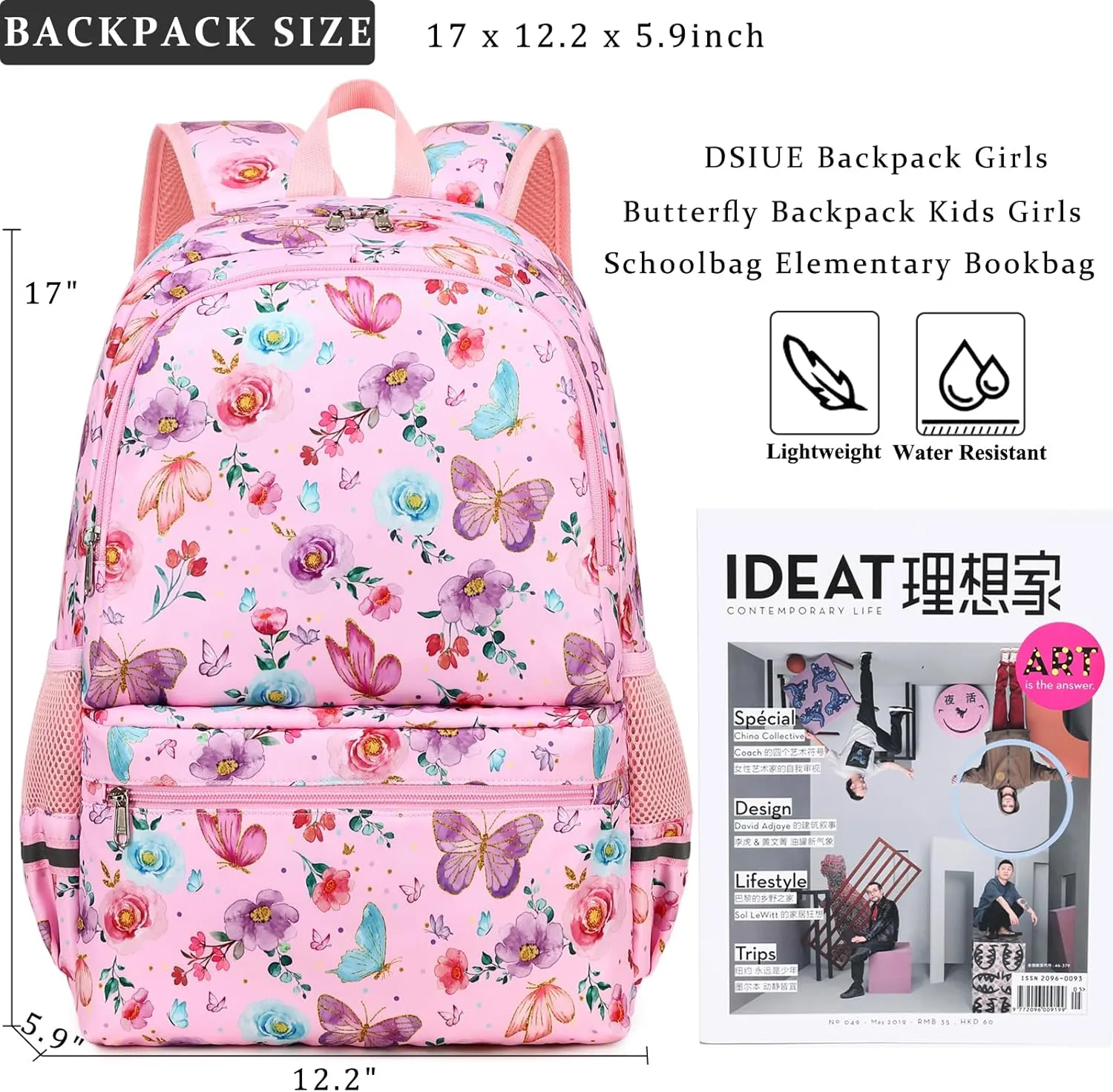 DSIUE Kids Backpack for Girls Elementary BookBags Teens Middle School Backpack with Lunch Box Butterfly Purple