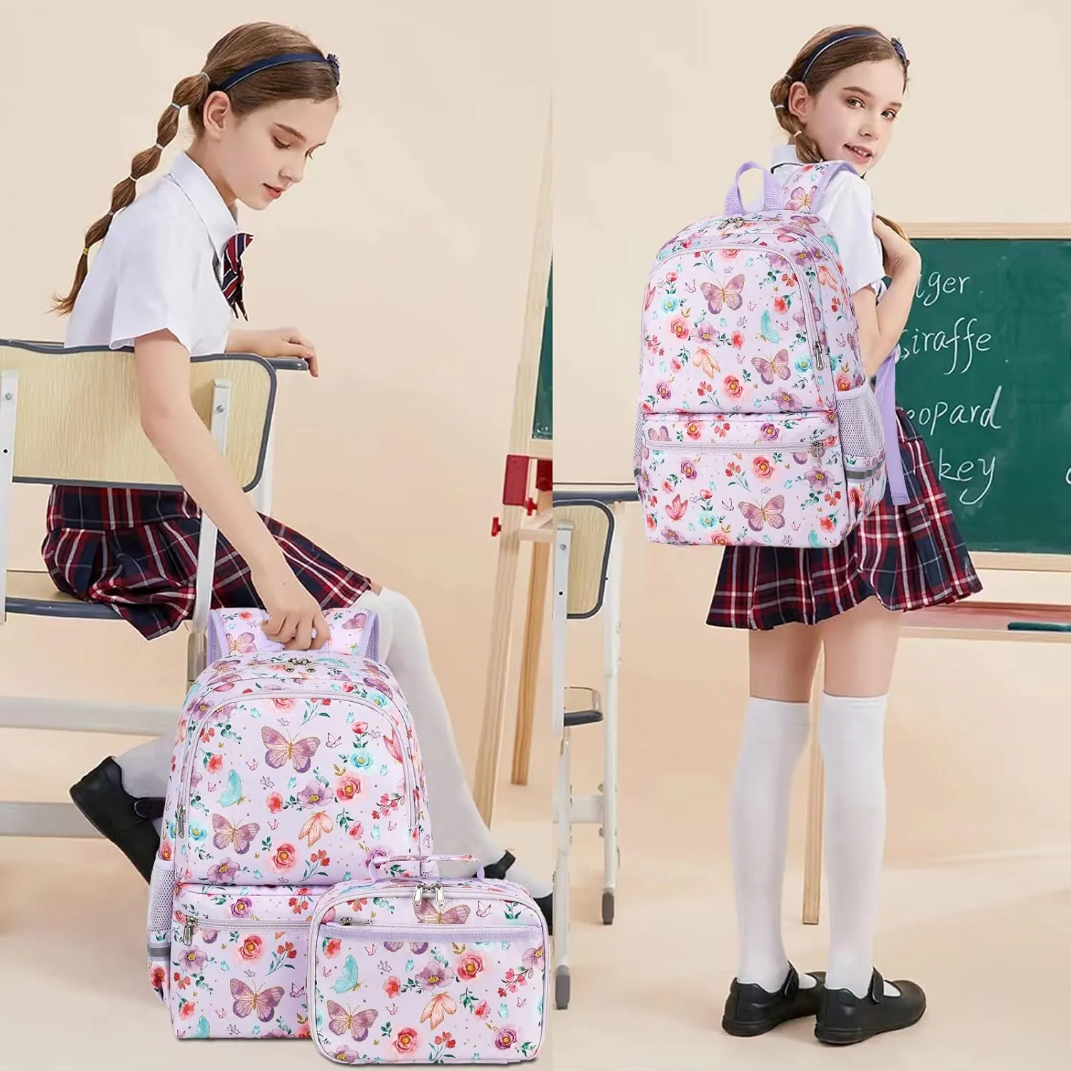 DSIUE Kids Backpack for Girls Elementary BookBags Teens Middle School Backpack with Lunch Box Butterfly Purple