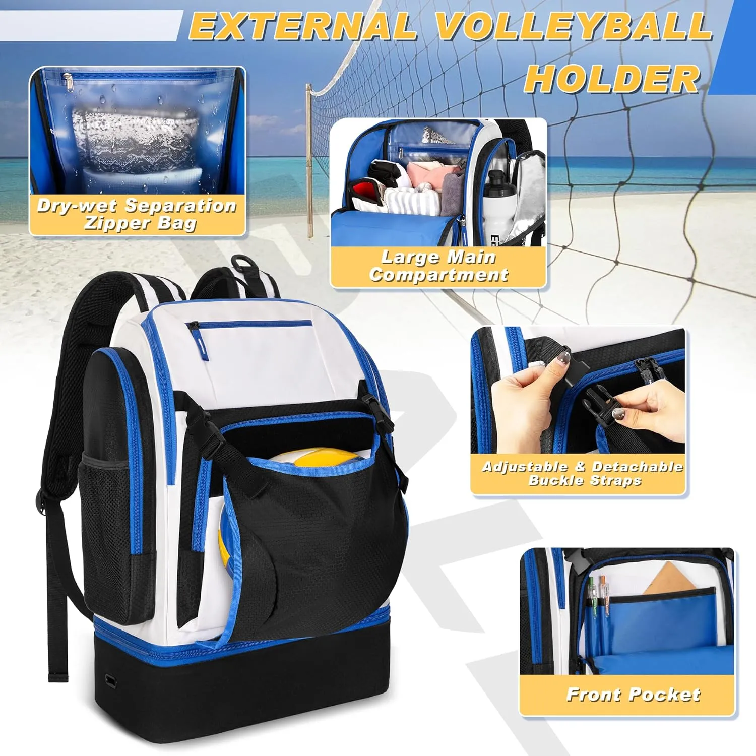 DSLEAF Volleyball Bag with External Ball Holder, Volleyball Backpack with Separate Shoe Space, Multiple Pockets and Adjustable Shoulder Strap for Soccer, Basketball and Gym Exercise