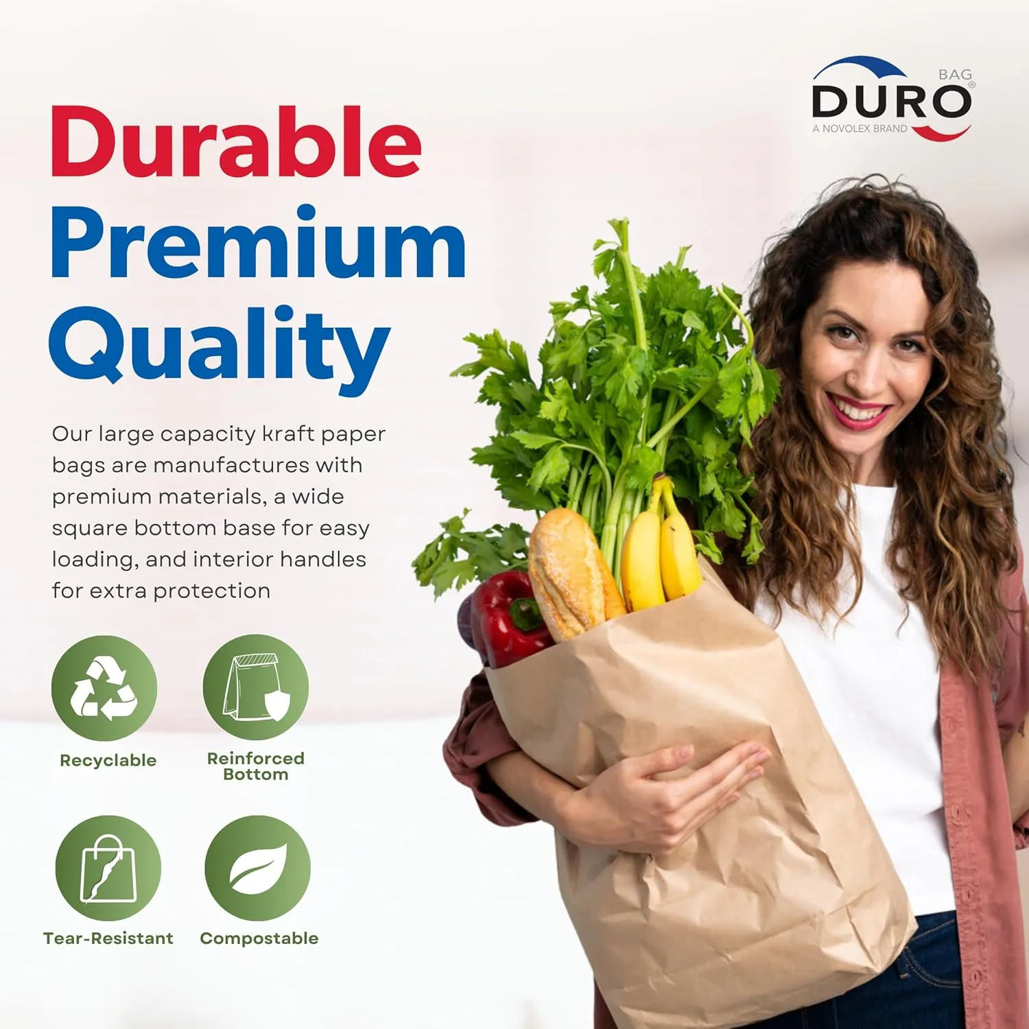 Duro 57# Heavy Duty Large Kraft Brown Grocery Paper Bags, 12 x 7 x 17-100 Count