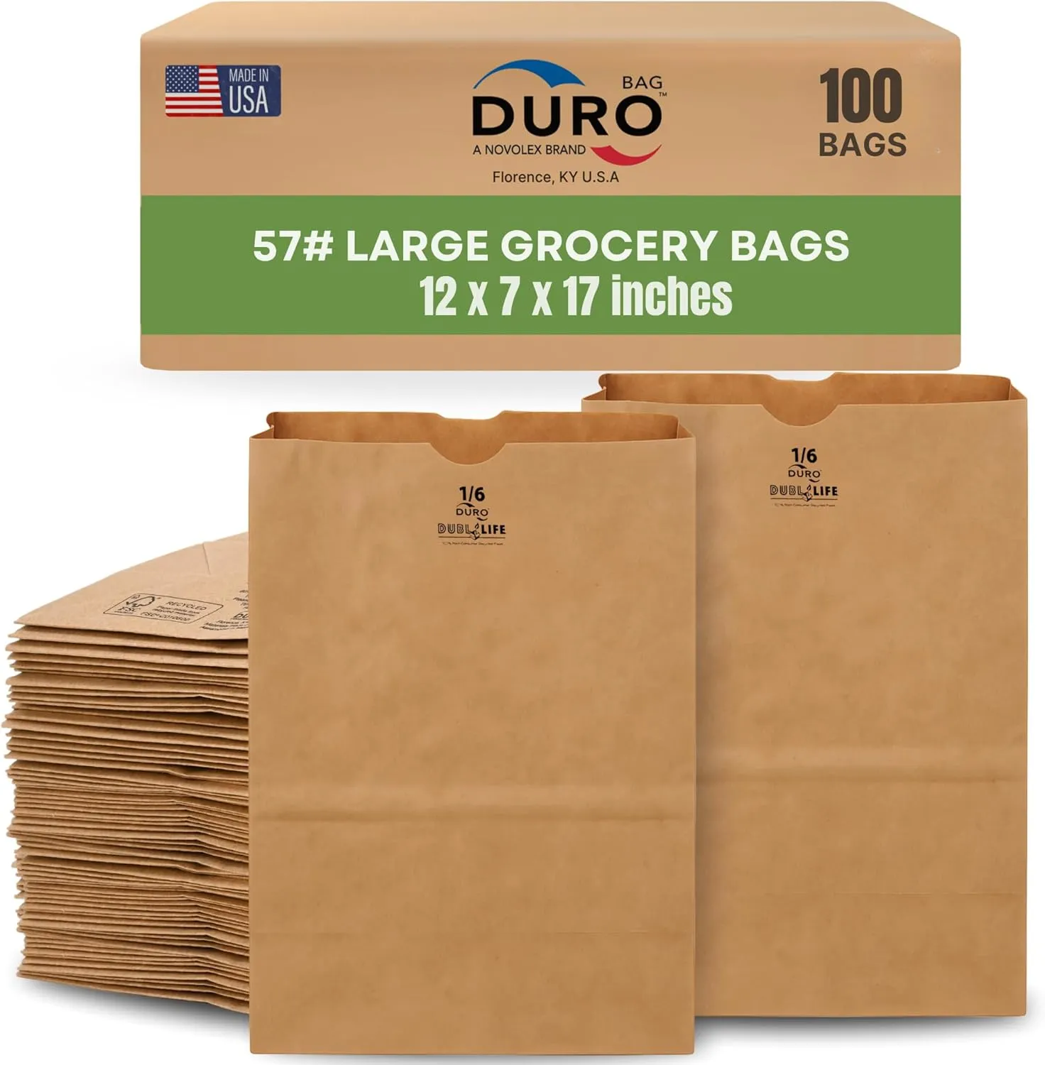 Duro 57# Heavy Duty Large Kraft Brown Grocery Paper Bags, 12 x 7 x 17-100 Count