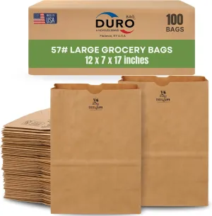 Duro 57# Heavy Duty Large Kraft Brown Grocery Paper Bags, 12 x 7 x 17-100 Count