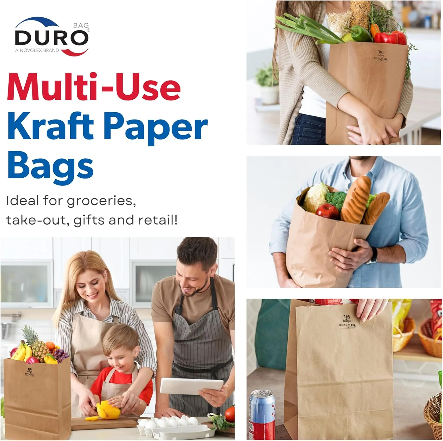 Duro 57# Heavy Duty Large Kraft Brown Grocery Paper Bags, 12 x 7 x 17-100 Count