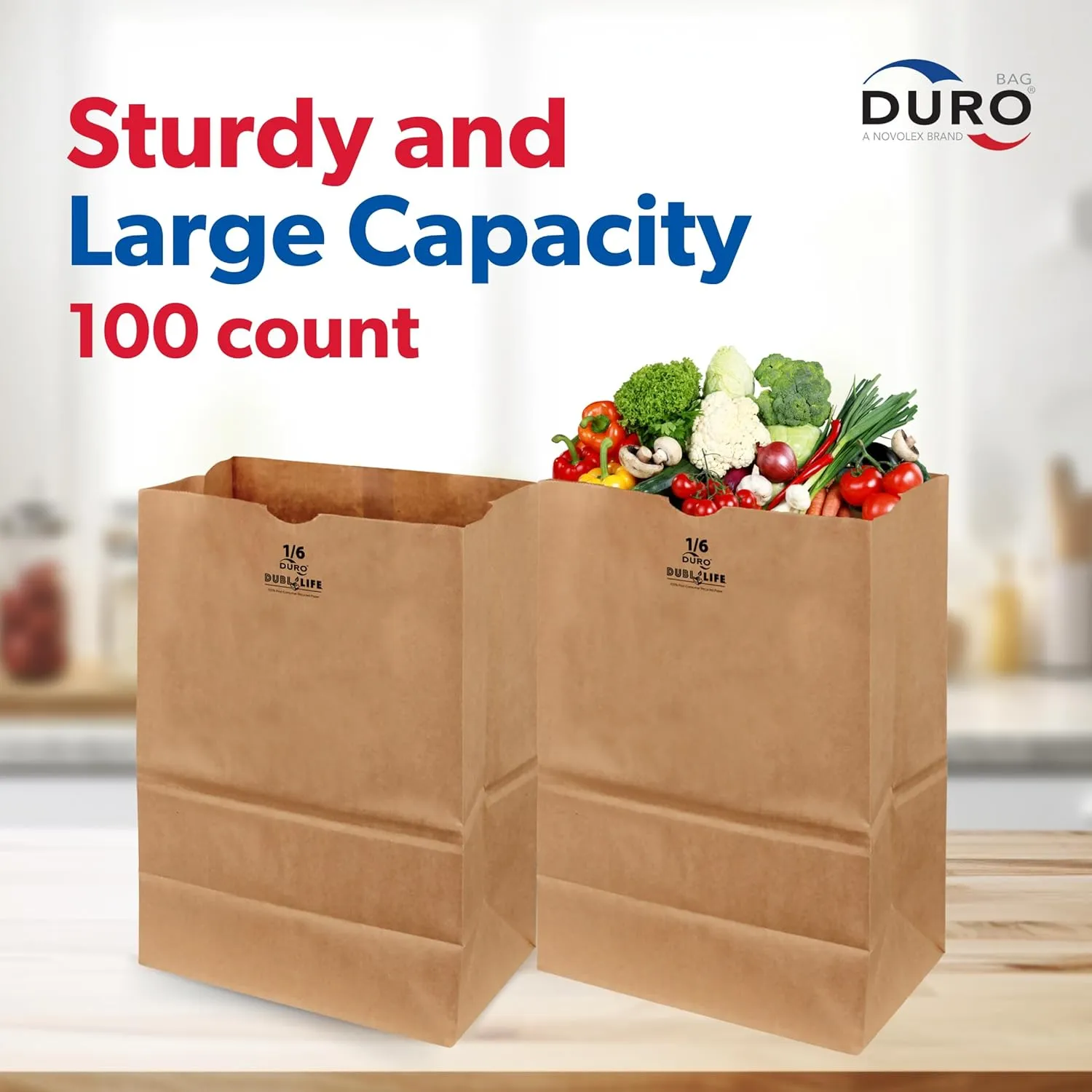 Duro 57# Heavy Duty Large Kraft Brown Grocery Paper Bags, 12 x 7 x 17-100 Count