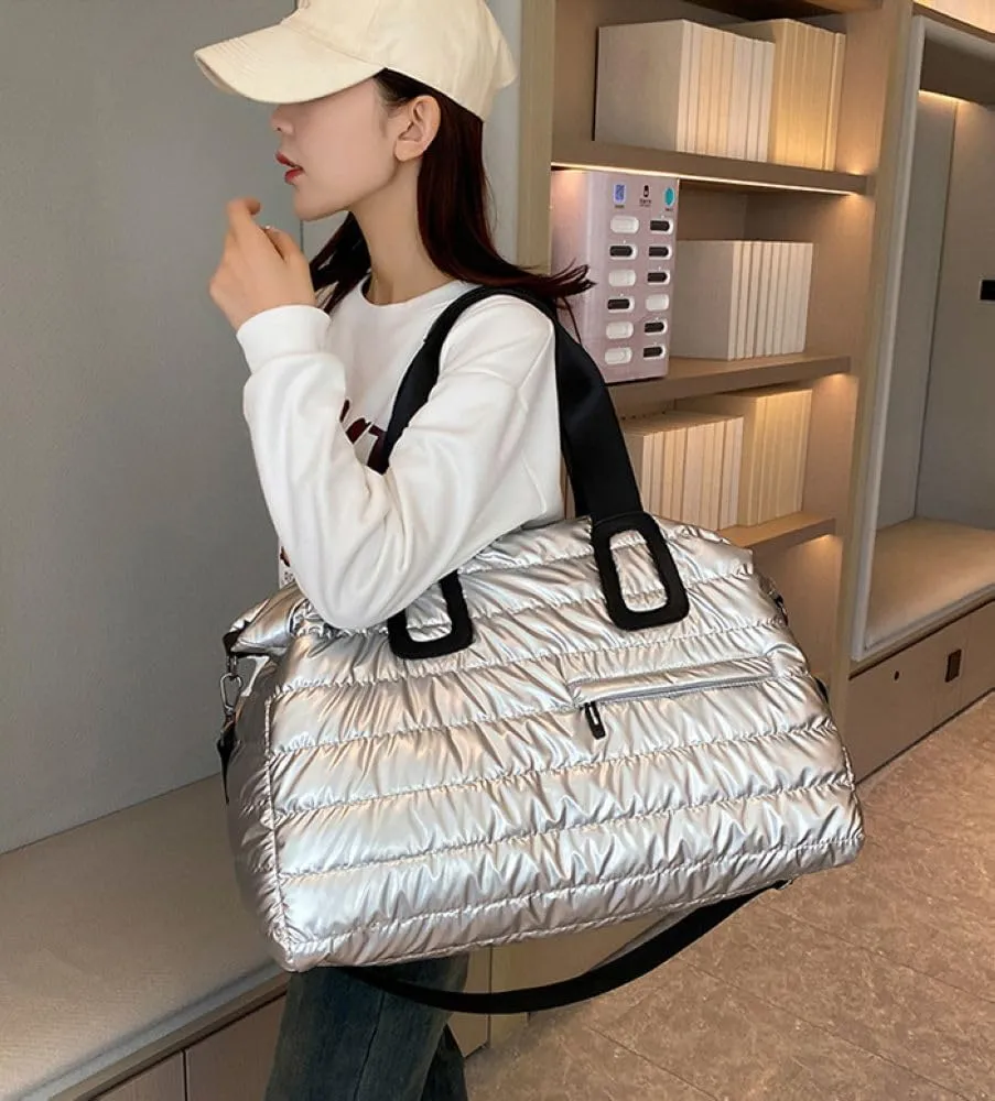 Duvet Gym Bag for Women,Sports Travel Duffel Bag, Weekender Overnight Bag with Wet Pocket and Shoes Compartment for Women, Travel,Workout,Gym, Yoga 264 (Silver Gray)