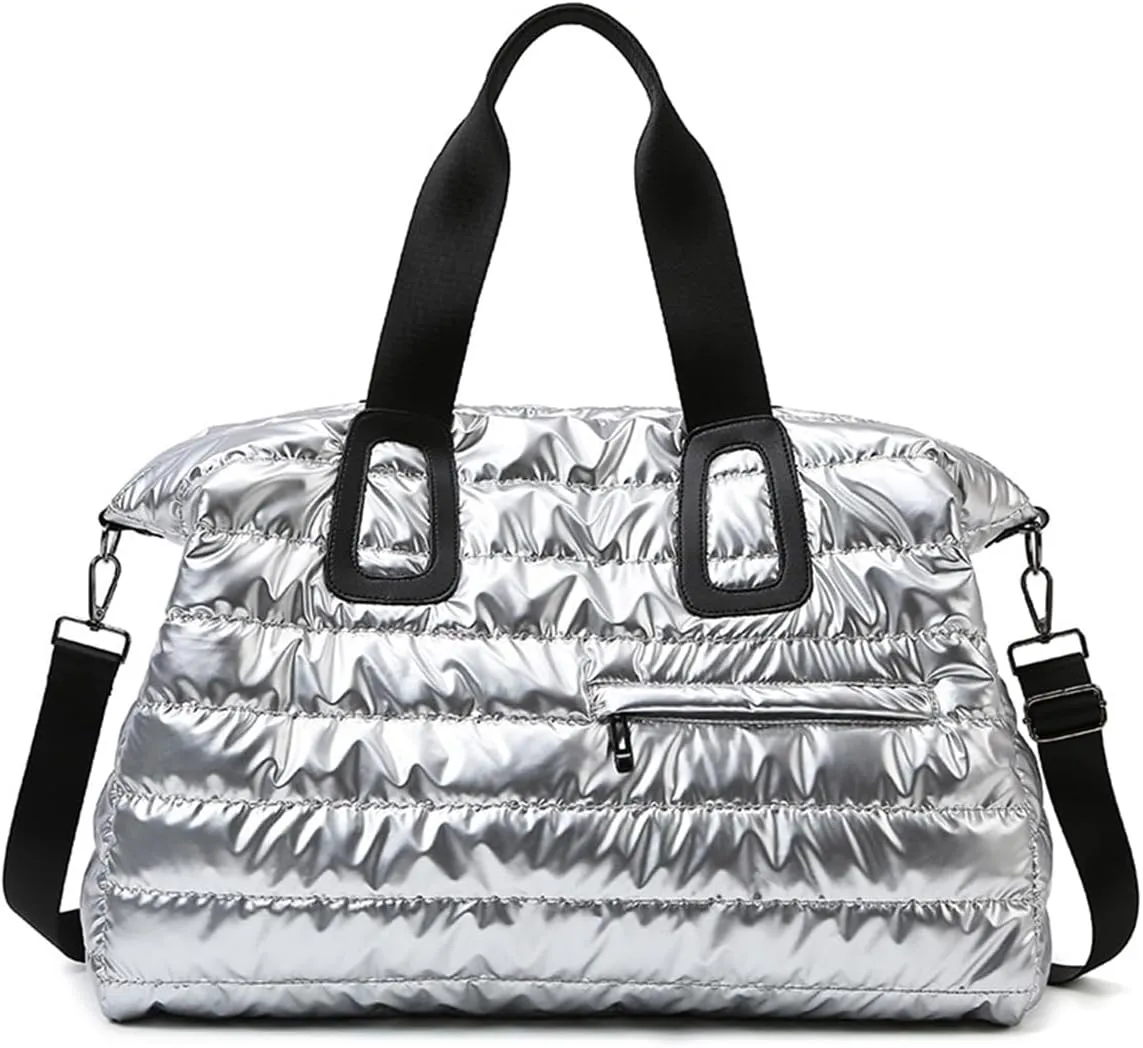 Duvet Gym Bag for Women,Sports Travel Duffel Bag, Weekender Overnight Bag with Wet Pocket and Shoes Compartment for Women, Travel,Workout,Gym, Yoga 264 (Silver Gray)