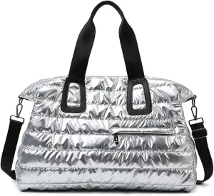 Duvet Gym Bag for Women,Sports Travel Duffel Bag, Weekender Overnight Bag with Wet Pocket and Shoes Compartment for Women, Travel,Workout,Gym, Yoga 264 (Silver Gray)