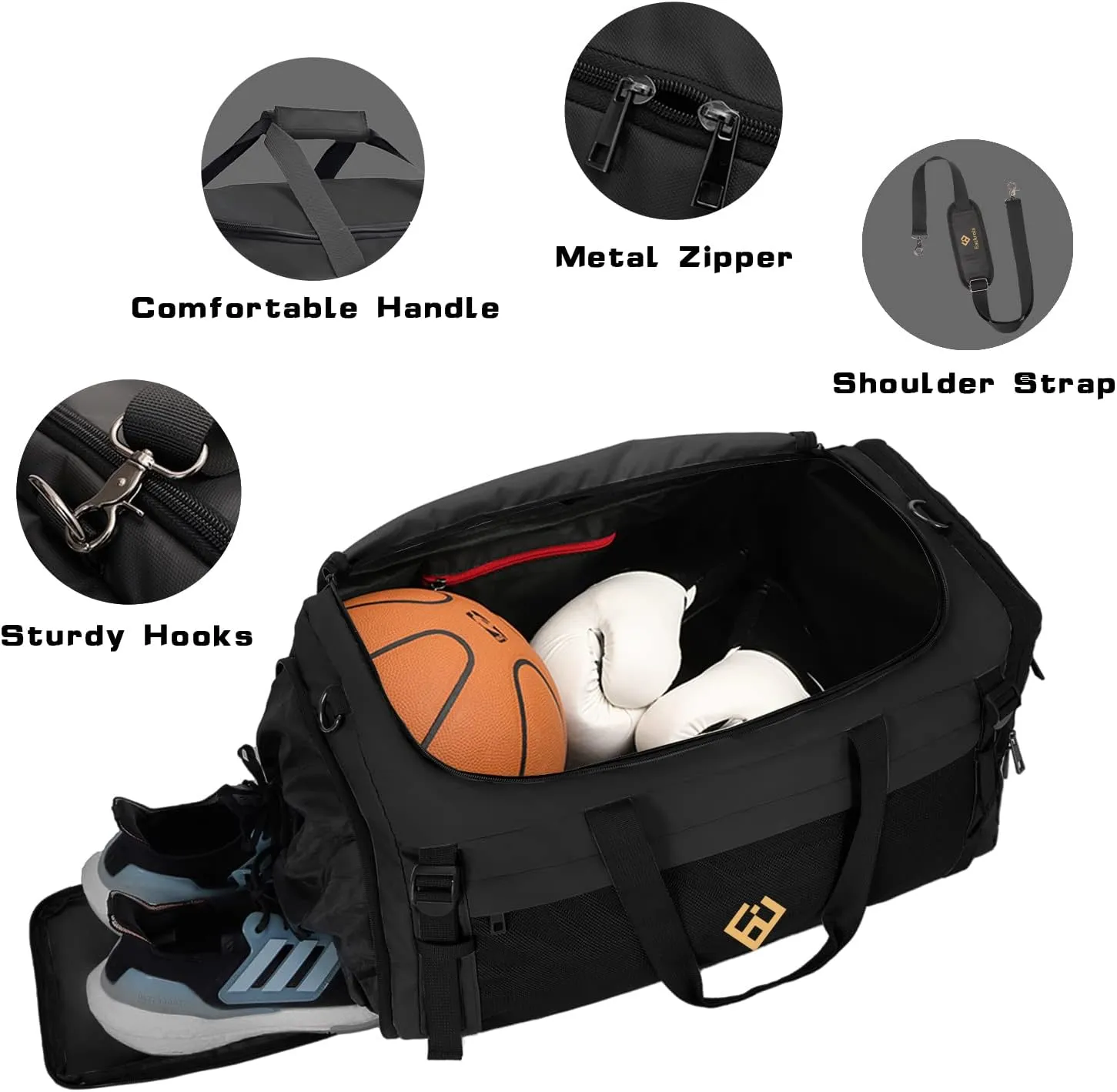 Eackrola Large Sports Gym Bag, Travel Duffel bag with Wet Pocket & Shoes Compartment for men women, 65L, Lightweight（Black）